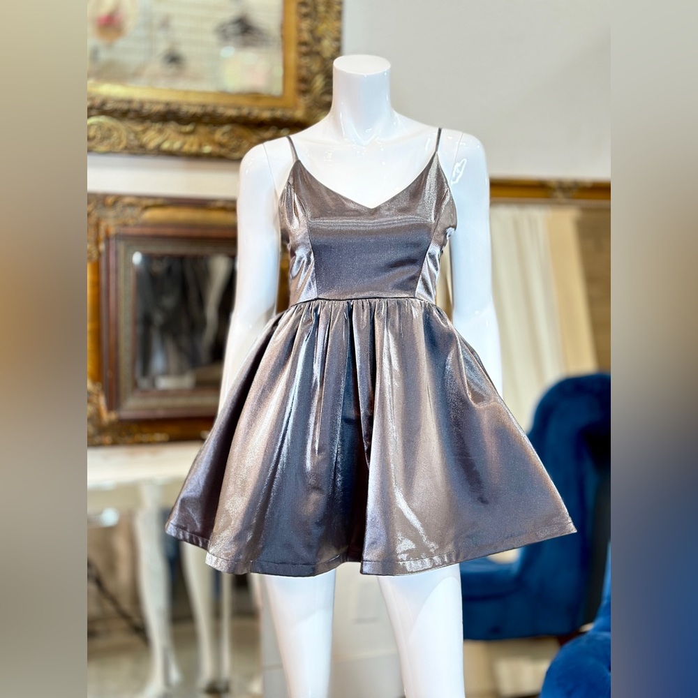 Gunmetal Organza Fit & Flare Mini Dress With Bow